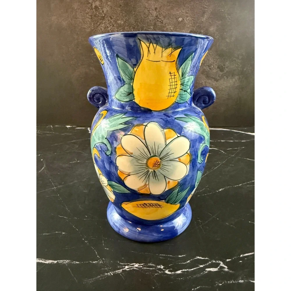 Vintage Hand Painted 8in Jug Vase Blue Lemons ~ Marked W.C.L. China